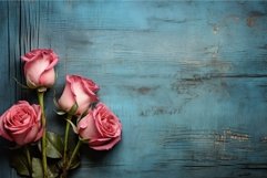 Delicate Pink roses blue wooden. Generate Ai Product Image 1