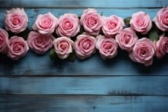 Vibrant Pink roses blue wooden. Generate Ai Product Image 1