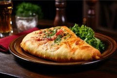 Pizza calzone ham food on plate on wooden table. Generate Ai Product Image 1