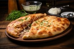 Pizza calzone on plate on wooden table sauce. Generate Ai Product Image 1