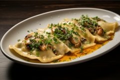 Aromatic Plate mushroom ravioli. Generate Ai Product Image 1