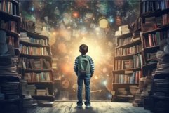 Poet child near books. Generate Ai Product Image 1