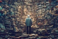 Poet old man near books. Generate Ai Product Image 1
