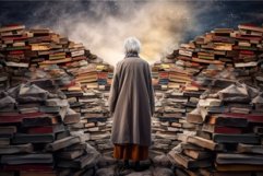 Poet old woman near books. Generate Ai Product Image 1