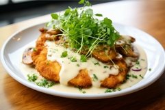 Sizzling Pork schnitzel mushroom. Generate Ai Product Image 1