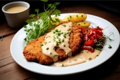 Creamy Pork schnitzel mushroom sauce plate. Generate Ai Product Image 1