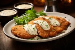 Savory Pork schnitzel mushroom sauce plate. Generate Ai Product Image 1