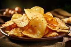 Crispy golden potato chips on rustic plate Product Image 1