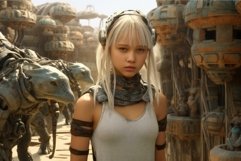 Youthful Prehistoric child girl future city. Generate Ai Product Image 1