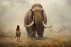 Prehistoric mammoth with woman. Generate Ai Product Image 1