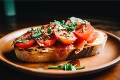 Prosciutto tomato toast. Generate Ai Product Image 1