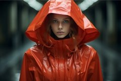 Woman in red raincoat on moody urban street Product Image 1