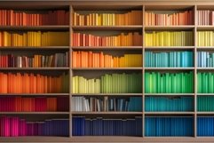 Colorful folders wooden bookshelves. Generate Ai Product Image 1