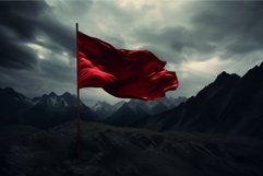 Red flag on foggy mountain sky. Generate Ai Product Image 1