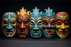 Row of colorful masks on wall. Generate Ai Product Image 1