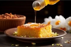 Semolina cake honey spoon plate. Generate Ai Product Image 1