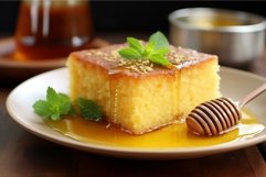 Aromatic Semolina cake honey spoon plate. Generate Ai Product Image 1