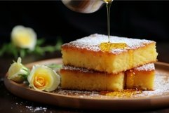 Golden Semolina cake honey spoon plate. Generate Ai Product Image 1