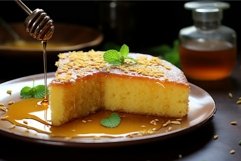 Moist Semolina cake honey spoon plate. Generate Ai Product Image 1