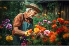 Senior gardener pruning flowers in garden. Generate Ai Product Image 1