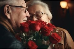 Senior man surprises wife with flowers. Generate Ai Product Image 1