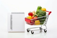 Shopping list in paper notebook with full cart of products. Product Image 1