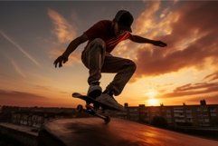 Breathtaking Skateboarding city sunset jump. Generate Ai Product Image 1