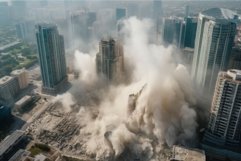 Skyscraper crushing dust city. Generate Ai Product Image 1