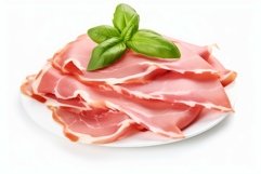 Slices of tasty ham and basil leaves on plate. Generate Ai Product Image 1