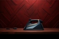 Modern steam iron on wooden table against red geometric back Product Image 1