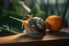 Snail on wooden table. Generate Ai Product Image 1