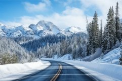 Breathtaking Snowy road with mountain view. Generate ai Product Image 1