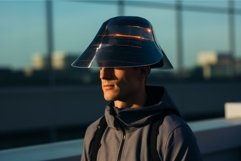 Urban Man in protective solar hat on urban street. Generate Product Image 1