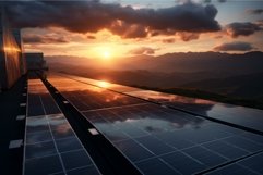 Sustainable energy at sunset: solar panels with mountain vie Product Image 1