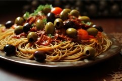 Colorful Italian spaghetti vegetables olives. Generate Ai Product Image 1