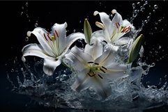 Floral Lily flowers splashes on black background. Generate a Product Image 1