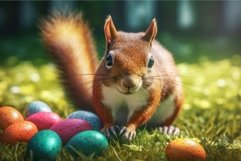 Squirrel holding colorful eggs on green grass. Generate Ai Product Image 1