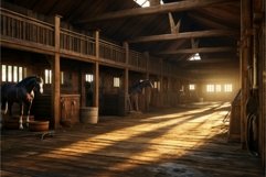 Wooden stable interior morning light. Generate Ai Product Image 1