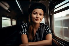 Stereotyped French woman with beret sitting in train. Genera Product Image 1
