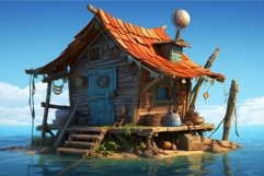 Fishing wood house game with sea fishing net. Generate Ai Product Image 1