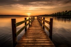 Serene lake sunset on wooden jetty Product Image 1