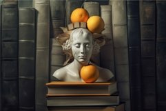 Sculpture head on books with oranges fruit. Generate AI Product Image 1