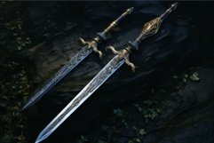 Engraved medieval swords on rocky surface Product Image 1