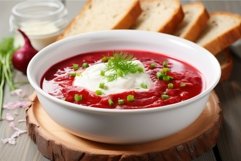 Tasty borscht with sour cream. Generate Ai Product Image 1
