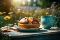 Morning hot tea cup bread. Generate Ai Product Image 1