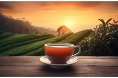 Tea cup on wooden table with plantation view. Generate ai Product Image 1