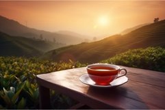 Black tea cup on timber table with plantation tea view. Gene Product Image 1