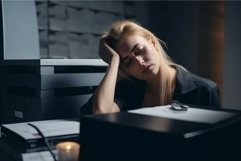 Tired woman workplace. Generate Ai Product Image 1