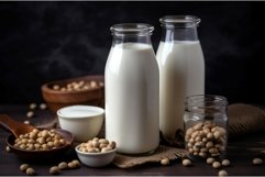 Vegan milk bottles. Generate Ai Product Image 1