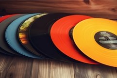 Vinyl records and paper covers on wooden background. Generat Product Image 1